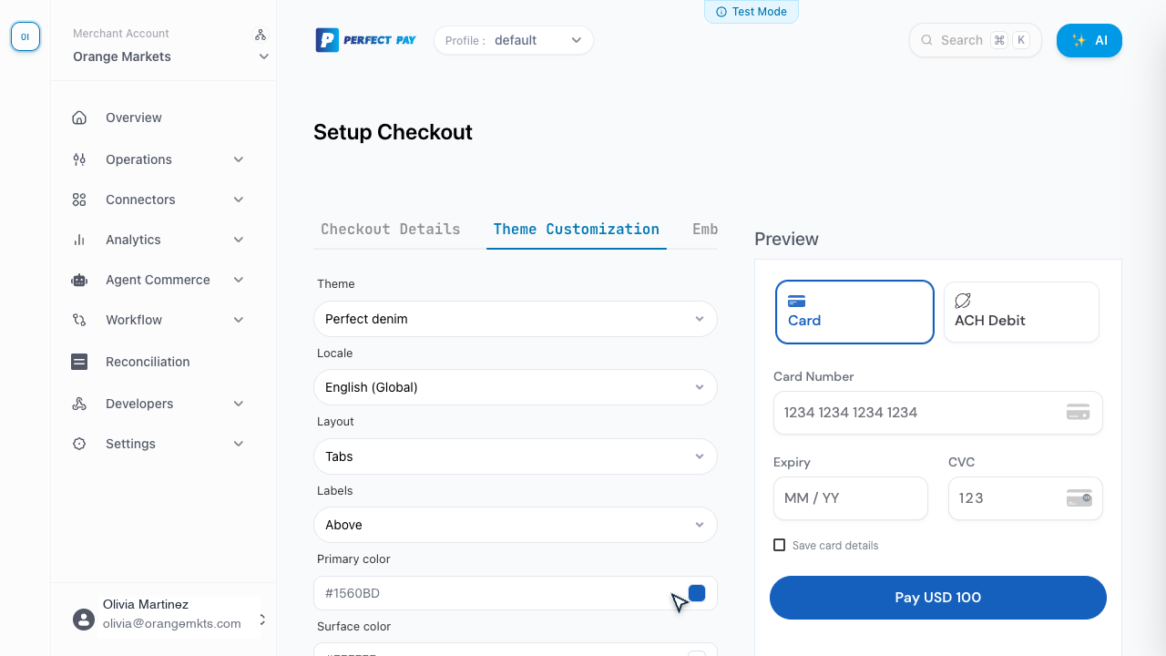 Perfect Pay checkout theme customization panel showing the Perfect denim theme, Locale, Layout, Labels, Primary color, and Surface color controls with the live preview on the right