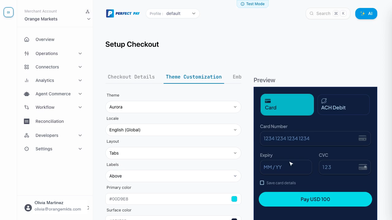 Perfect Pay checkout preview after applying the Aurora theme: cyan card pill and Pay USD 100 button