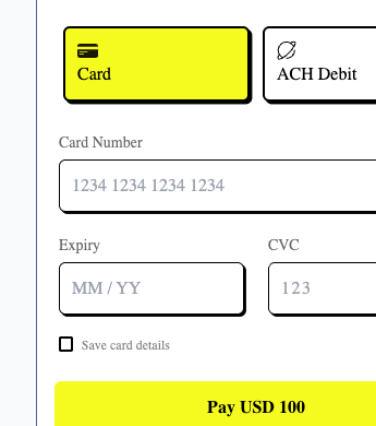 Brutal checkout theme preview, high-contrast yellow primary