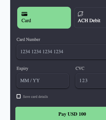 Midnight checkout theme preview, green primary on dark navy